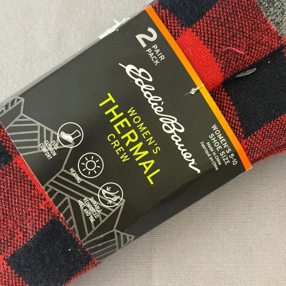 Eddie Bauer Womens Thermal Crew Socks 2 Pair Pack Red Buffalo‎ Plaid Gray 5-10